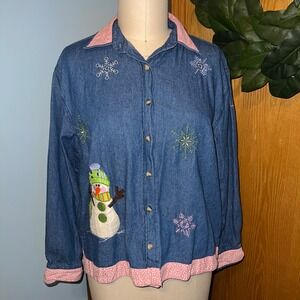 Womens Denim Snowman Snowflake Embroidered Button Up Shirt Top Pink Trim Large